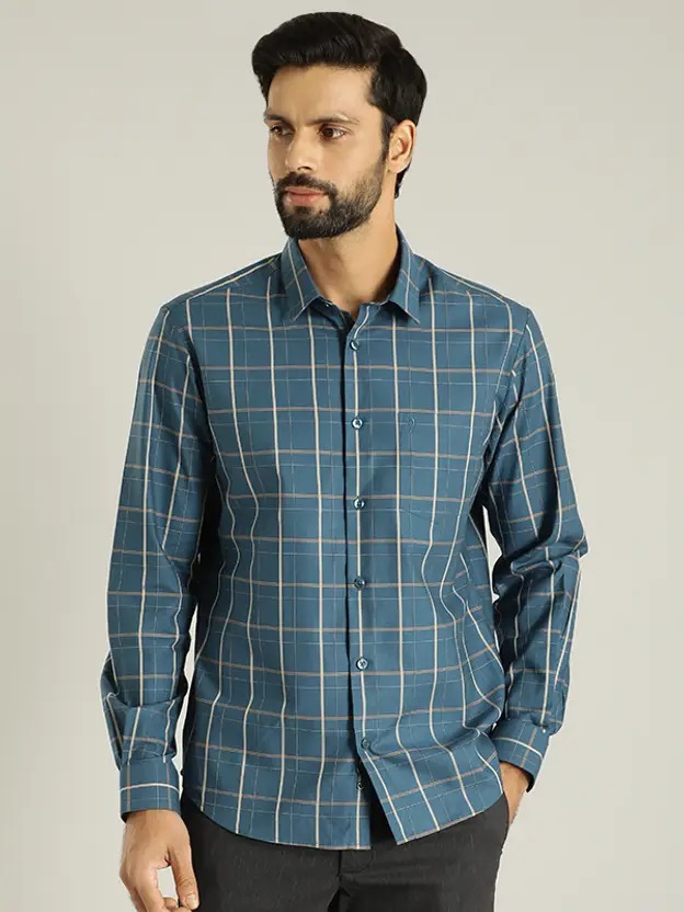 Indian Terrain Men's Slim Fit Full Sleeve Checkered Blue Shirt